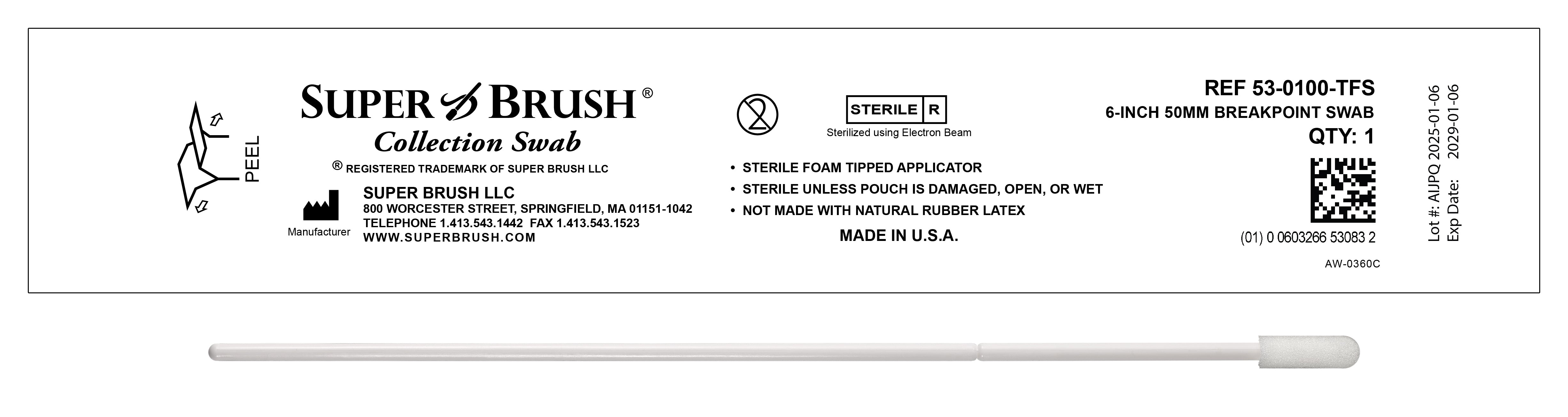 (New) Case of 1,500 Swabs - 6" Small Mitt 50mm Breakpoint Sterile Sample Collection Swab: 53-0100-TFS-CS