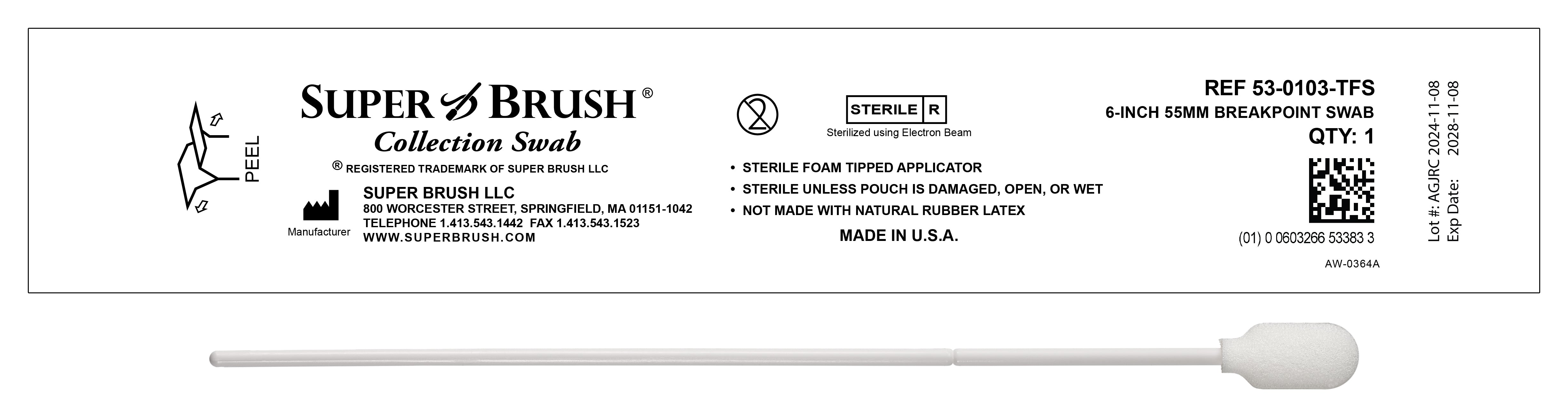 (New) Case of 1,500 Swabs - 6" Bulb Tip 55mm Breakpoint Sterile Sample Collection Swab: 53-0103-TFS-CS