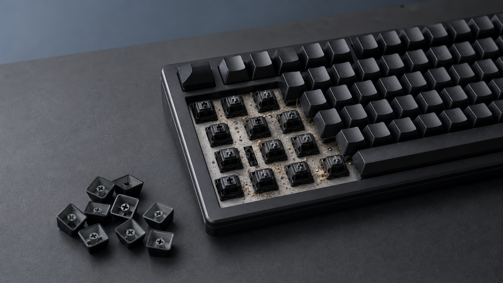 Mechanical keyboard with keycaps removed, exposing switches and debris beneath the keys before cleaning.