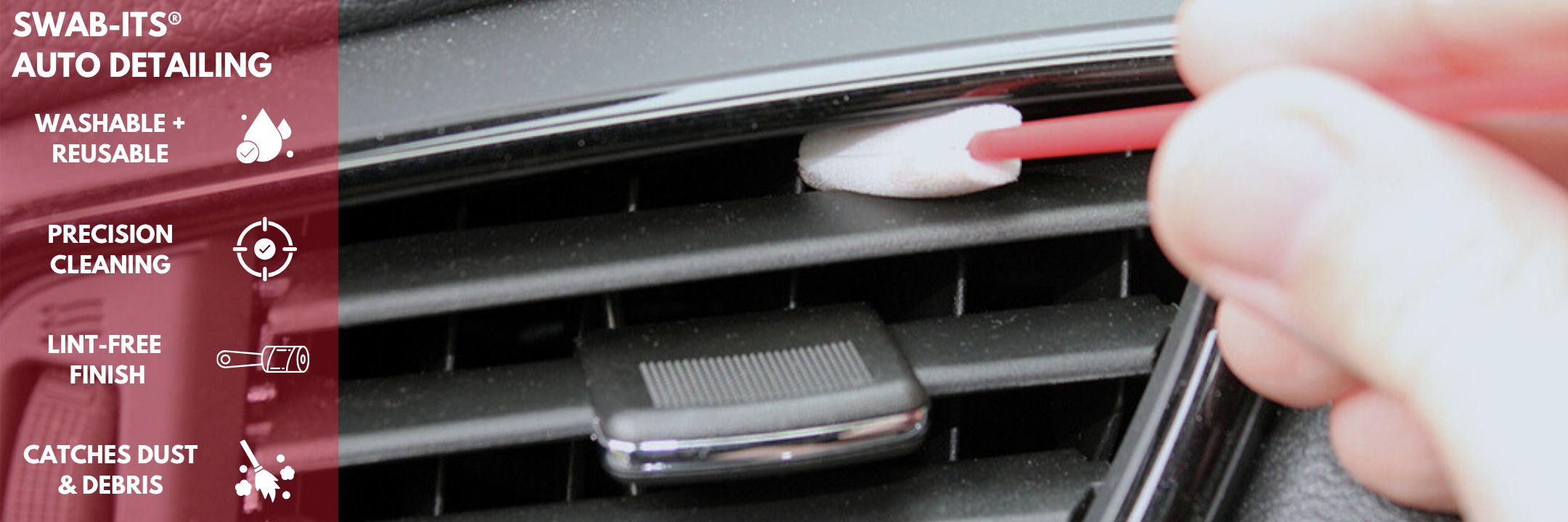 Person cleaning car air vent with Swab-Its auto detailing swab, highlighting features on the left.