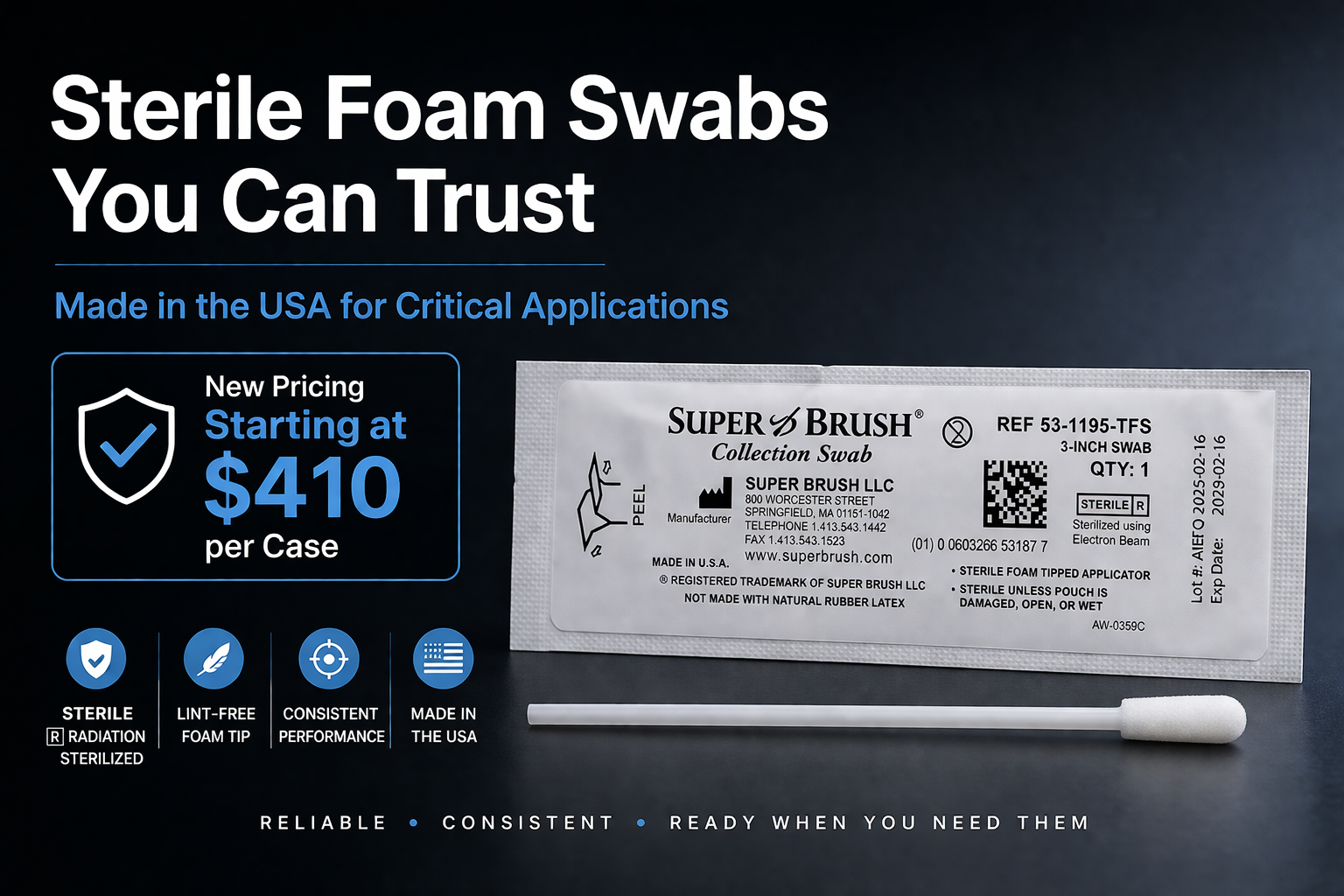 Super Brush sterile foam swab packaging with branding and product details on a dark background