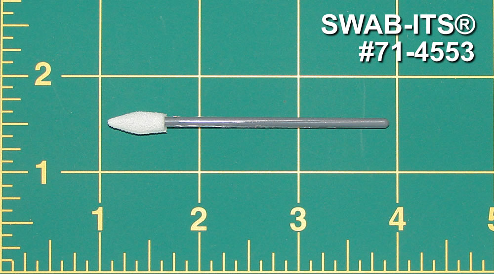 71-4553: 2.83” overall length swab with spear-shaped foam mitt on a tapered polypropylene handle.  Designed for precision application and cleaning